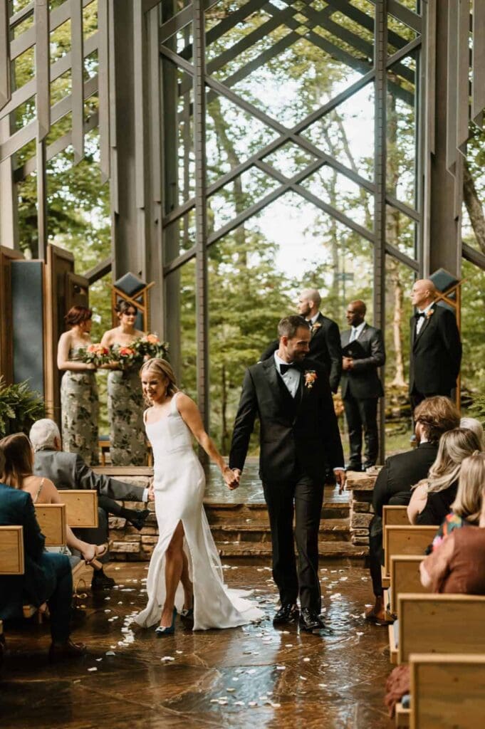 bride walking down the aisle at thorncrown chapel arkansas